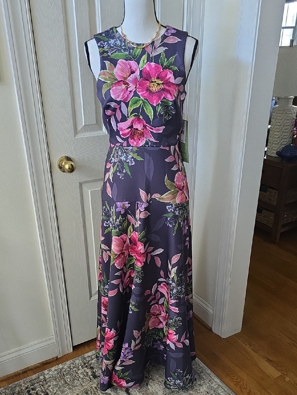 MELONIE BRAND WOMEN'S BLUISH GRAY AND PINK FLORAL LONG SLEEVELESS DRESS SIZE 6